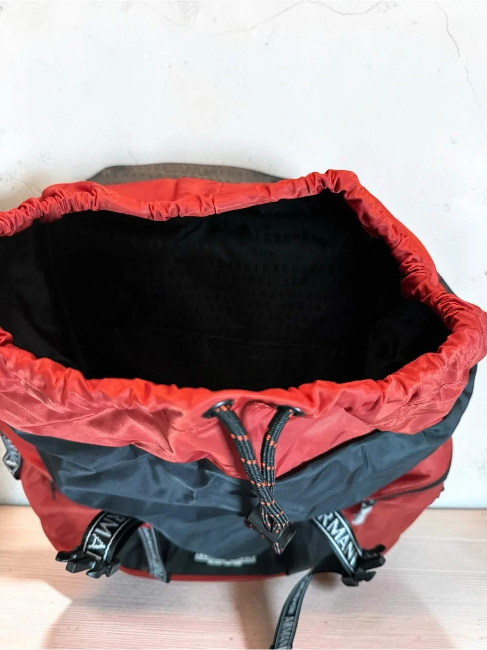 NWT Armani Exchange Burnt Orange and Black Nylon Drawstring Backpack